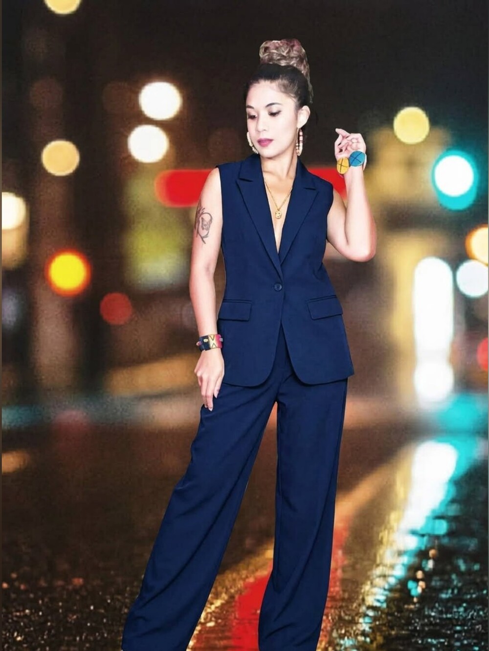 2pcs Dark Blue Sleeveless Vest & Wide-Leg Pants Set
